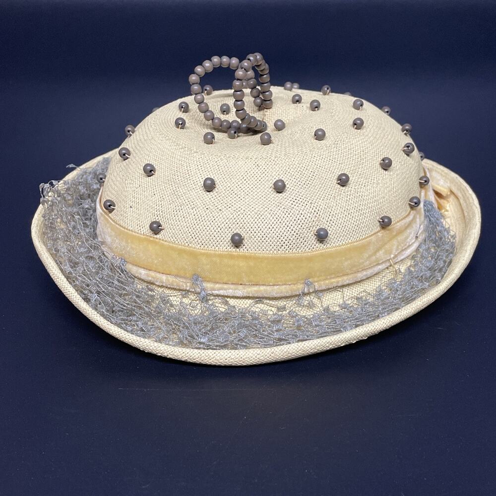 Vtg Brandt Paris New York‎ Yellow Straw Cloche Hat Beaded Velvet Netting Size 22